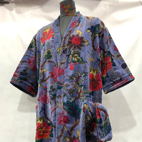 Floral Print Velvet Kimono Luxury Jacket, Party Boho Robe Lounge Wear - Unisex - Picture 2 of 16